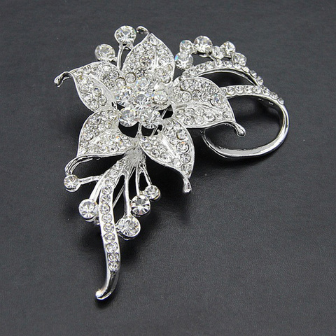 Broche de cristal Chapado en plata para mujer, broche de flores con diamantes de imitación para boda, joyería de moda, accesorios de boda ► Foto 1/4