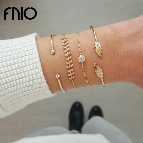 FNIO 4 unids/set geométrico colgante de cristal pulseras para las mujeres de la hoja de oro brazaletes pulseras Simple cadena para la muñeca de dama pulsera Boho ► Foto 1/6