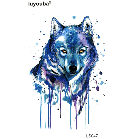 Pegatinas de tatuaje temporal impermeables de lobo azul para hombre, manga de tatuaje harajuku, tatuajes de Lobo, Diseños de Tatuajes ► Foto 1/2