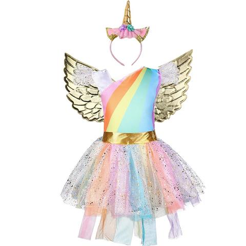 Disfraz de unicornio para niñas, conjuntos de tutú de cumpleaños, tutú de tul brillante, vestido de fiesta con alas y Diadema, arcoíris ► Foto 1/6