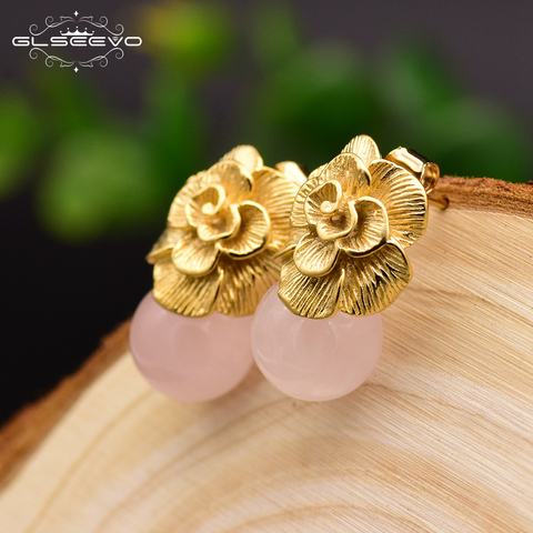 GLSEEVO 925 Pin del oído ronda Jade Natural pendientes de gota para las mujeres planta boda pendientes joyería GE0336B ► Foto 1/6