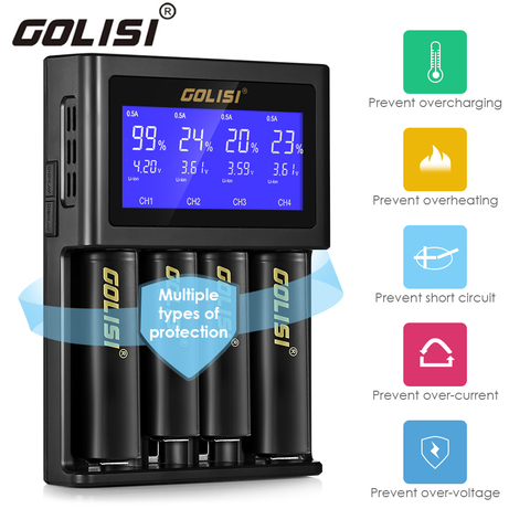 GOLISI S4 2.0A inteligente LCD 18650 cargador de batería de Li-Ion Ni-MH Ni-Cd, Ni-md 26650 AA de 20700 baterías recargables AAA ► Foto 1/1