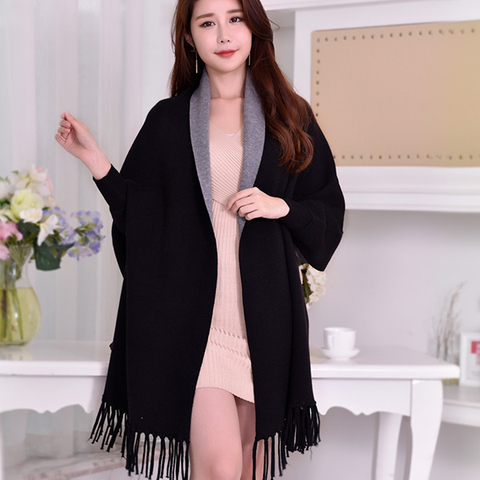 Poncho de Manga negra Reversible de Invierno para mujer, bufanda cálida, estolas, chales Pashmina gruesos de y chales con borlas, capas ponedoras ► Foto 1/6