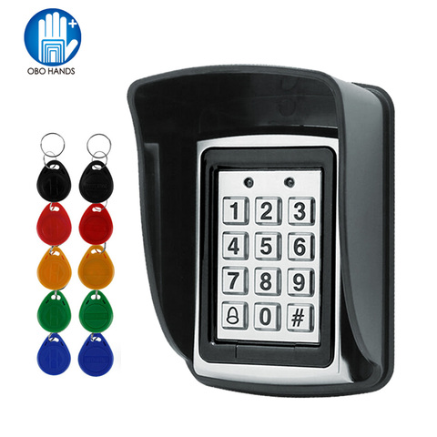 RFID Metal Control de acceso EM lector de tarjetas teclado con 10 EM4100 keyfobs cubierta protectora impermeable para sistema de Control de acceso de puerta ► Foto 1/6
