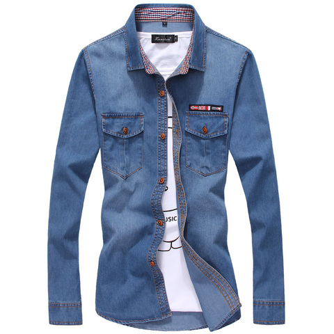 Camisas de mezclilla de talla grande para hombres, Camisa Masculina de algodón con cuello vuelto, bolsillos, manga larga, color azul, para otoño, 2022 ► Foto 1/1