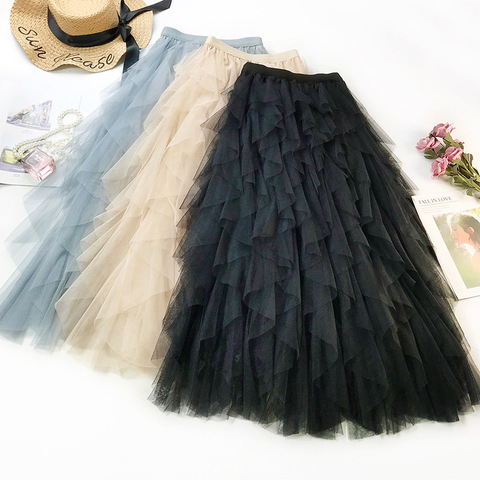 Moda tutú falda de tul mujer Falda larga Maxi Primavera Verano 2022 Corea negro Rosa alta cintura plisada falda femenina ► Foto 1/6