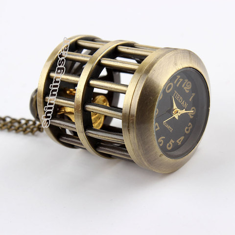 Reloj de bolsillo con jaula de pájaro de bronce para hombre, cadena con colgantes, diseño de moda, retro ► Foto 1/6