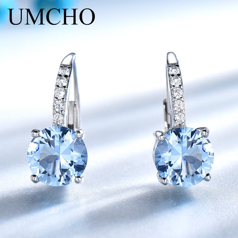 UMCHO plata maciza 925 joyas ronda creado Nano cielo azul Topacio pendientes de Clip pendientes largos aretes pendientes de Mujer para Mujeres cumpleaños regalo encantos joyería fina ► Foto 1/6