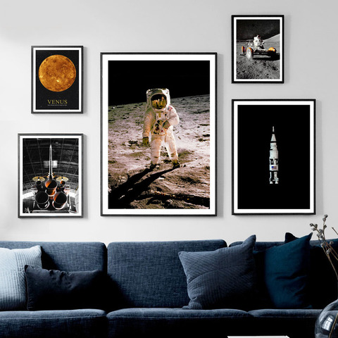 Astronauta cohete Luna espacio pared arte lienzo pintura Vintage nórdico carteles e impresiones imágenes de la pared para la sala de estar decoración del hogar ► Foto 1/6