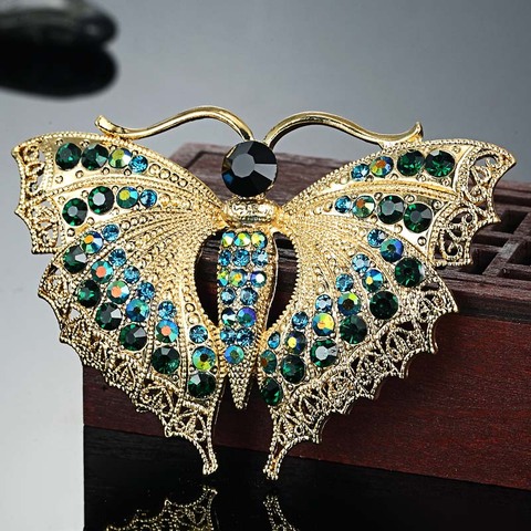 Broche de mariposa Vintage para mujeres regalos de fiesta Colares broches de diamantes de imitación ramo de insectos verdes Hijab accesorios bufanda alfileres ► Foto 1/2
