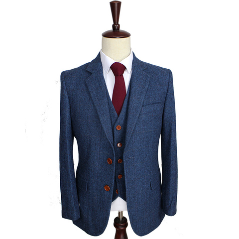 Traje de caballero Retro con diseño de espiga de lana y azul, traje de sastre para hombre, traje de 3 piezas (chaqueta + pantalón + chaleco) ► Foto 1/6