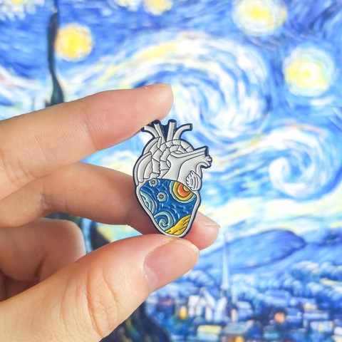 Van Gogh-Alfileres de esmalte de corazón anatómicos de cielo estrellado, broches de arte médico de órgano, insignia de corazón, Pin de solapa para hombres y mujeres ► Foto 1/6