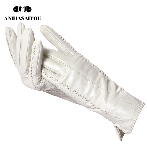 Guantes de mujer de cuero blanco, cuero genuino, forro de algodón cálido, guantes de cuero de moda, guantes de cuero para abrigo invierno-2226 ► Foto 1/6