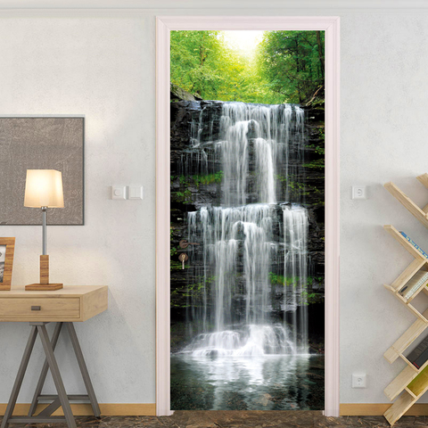 Pegatina de puerta para decoración del hogar, papel tapiz de foto 3D de paisaje natural de cascada, impermeable, autoadhesivo, calcomanías de pared ► Foto 1/6