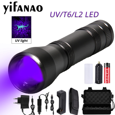 Linterna LED UV de 2000LM, lámpara ultravioleta L2/T6, 18650 luz blanca, recargable con 5 modos de Zoom, luz negra de 395nm ► Foto 1/6