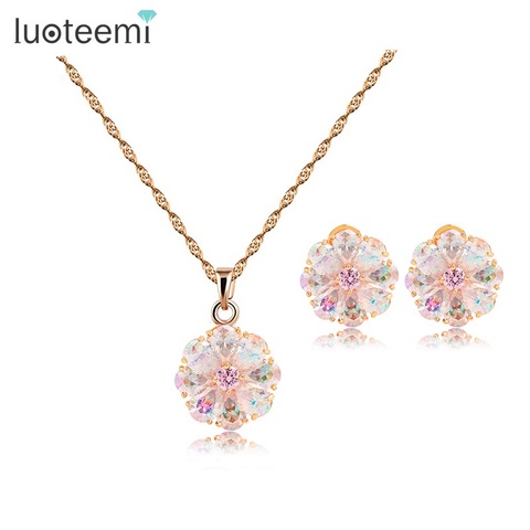 LUOTEEMI Nuevo Diseño Caliente Ruso de Lujo Perfecto Champagne Oro Cúbicos Circón Flor de Las Muchachas Del Arco Iris de Color Collar Pendientes Establecidas ► Foto 1/6