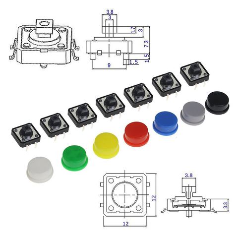 Interruptor de botón táctil, pulsador momentáneo de 12x12x7,3 MM, Micro botón + 5 colores, tapa táctil para Kit de bricolaje ► Foto 1/6