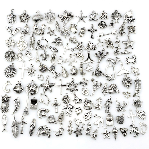 Lote de 120 unidades de pulseras europeas de Color plata antigua mezcladas, dijes, colgantes, fabricación de joyas de moda, dijes DIY hechos a mano ► Foto 1/4