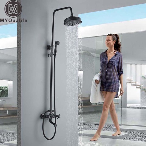 Juego de grifería de ducha de bronce negro, mezclador de ducha de doble Mango, sistema de ducha de lluvia de montaje en pared, cabezal de ducha de latón de 8 