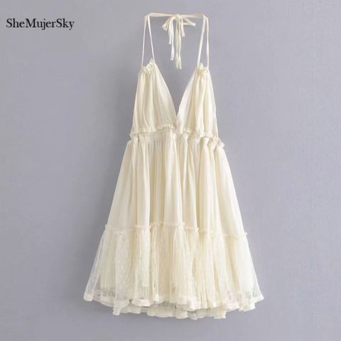 SheMujerSky-Vestido corto femenino de verano con escote triangular, minivestido Sexy con abertura y encaje para mujer, cuello en V, elegante ► Foto 1/6