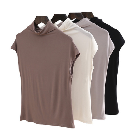 Camiseta lisa sin mangas para mujer, Top básico de algodón con cuello alto, D122 ► Foto 1/6