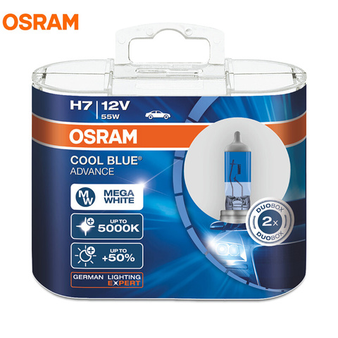 OSRAM Cool azul Advance H1 H3 H4 H7 H9 H11 9005 9006 HB3 HB4 9003 12V 5000K Mega bombillas halógenas blancas faro antiniebla del coche, 2X ► Foto 1/6