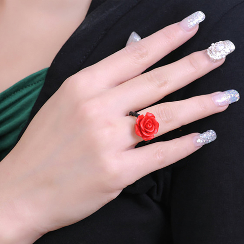 BOEYCJR rosa roja flor anillos de joyería de moda grabado Vintage cinabrio anillos para las mujeres de regalo de Navidad anillo ► Foto 1/6