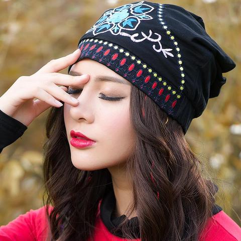 Gorros de estilo étnico para mujer, gorros con bordado Floral, Hippie, negro, azul, rojo, para otoño y primavera ► Foto 1/5