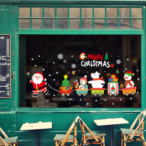 Santa Claus tira del tren, pegatina de pared de Navidad para ventana de vidrio, decoración del hogar, Mural, calcomanías de papel tapiz, pegatinas de Año Nuevo ► Foto 1/5