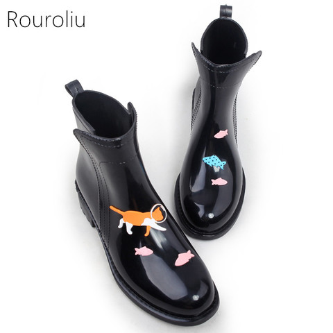 Rouroliu-Botas de PVC para mujer, botines impermeables con dibujos de animales, botas de agua para mujer, deslizantes, TR114 ► Foto 1/6