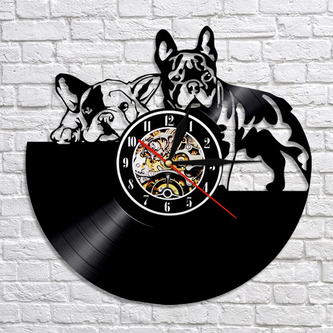 Reloj de pared 3D de Bulldog Francés para niños, decoración de diseño moderno, reloj de grabación de vinilo, decoración de pared ► Foto 1/6