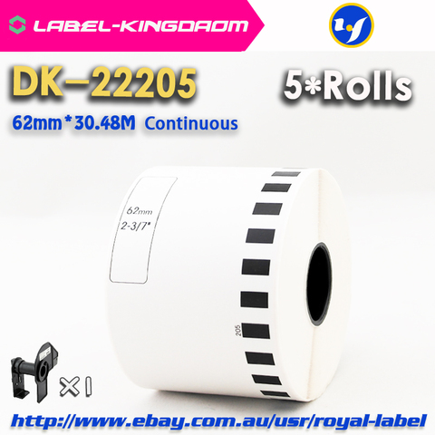Rollos de recarga compatibles con etiquetas de DK-22205, 62mm x 30,48 M, continua, Compatible con impresora de etiquetas Brother, papel blanco, DK22205 ► Foto 1/6