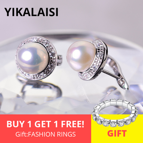 YIKALAISI-pendientes de plata de ley 925 con perlas naturales, joyería fina con cierre de tuerca de 8-9mm, para mujeres ► Foto 1/6