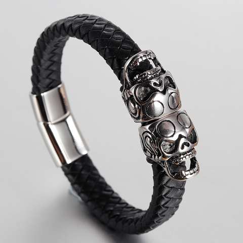 Punk pulsera de cuero genuino brazalete doble brazalete de calavera encantador hombres mujeres tejidas joyas con cuerdas de cuero imán ► Foto 1/4