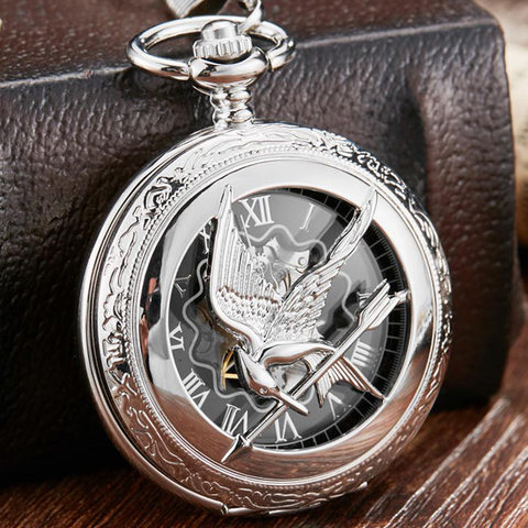 Reloj de bolsillo de cuarzo con cadena de plata para mujer, reloj de bolsillo, estilo Retro, con huecos, juegos del hambre, Mockingjay ► Foto 1/3