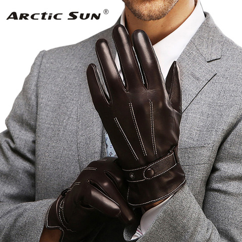 Guantes de piel auténtica para hombre, guantes de conducción sólidos cálidos para invierno, con botones de muñeca, de piel de oveja, envío gratis, M009NC ► Foto 1/1