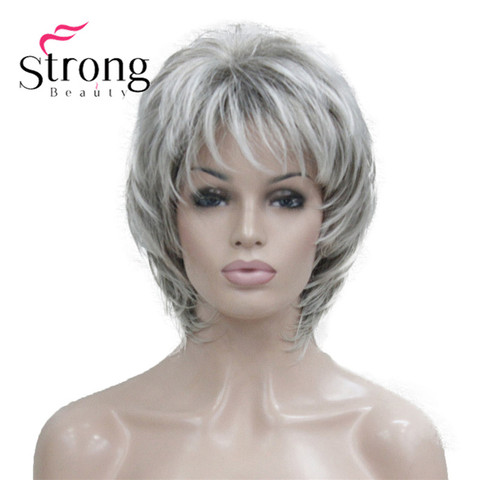 StrongBeauty-Peluca de cabello sintético para mujer, postizo corto y peludo con capas plateadas mezcladas, estilo clásico, color rubio ► Foto 1/5