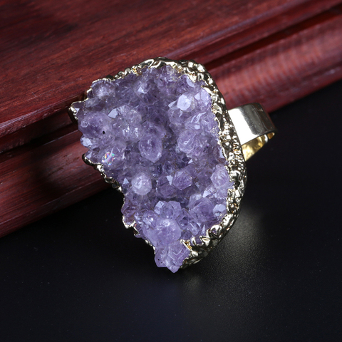 Amuleto de cuentas de piedra púrpura con base de color oro puro con anillo de dedo ajustable abierto para mujer unisex ► Foto 1/6
