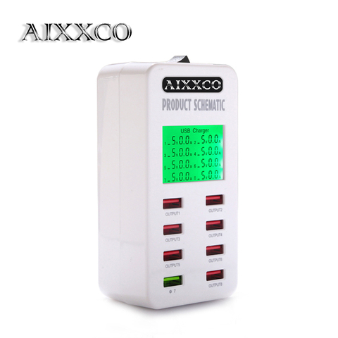 AIXXCO Pantalla de carga rápida QC3.0 adaptador USB cargador inteligente de escritorio de 8 puertos cargador de viaje de teléfono móvil QC2.0 ► Foto 1/6