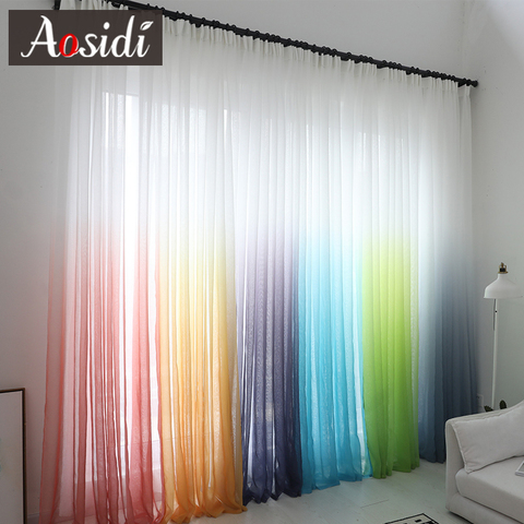 Cortinas modernas de tul con degradado de color para ventana cortinas para sala de estar, dormitorio, gasa de organza, decoración de Hotel, visillos transparentes azules ► Foto 1/6