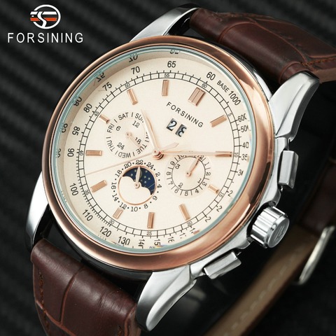 Forsining Luna fase Shanghai movimiento carcasa de oro rosa correa de cuero marrón relojes para hombre marca de lujo reloj automático regalo de los hombres ► Foto 1/6