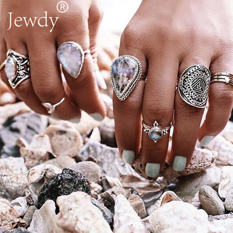 7 unids/set Vintage gran ópalo conjunto de anillos de cristal para mujer Bohemia Color de plata antiguo conjunto de anillos Midi Floral nudillo de verano ► Foto 1/6