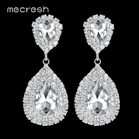 Mecresh Color plata gran cristal nupcial pendientes de gota para boda para mujeres grandes pendientes colgantes de lágrima joyería para fiesta EH003 ► Foto 1/6