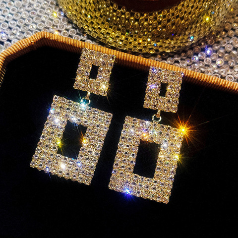 RscvonM-pendientes de lujo con cristales brillantes para mujer, aretes colgantes cuadrados con diamantes de imitación, Color dorado y plateado, joyería para fiesta y boda ► Foto 1/6