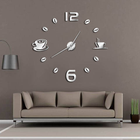 Café DIY gran reloj de pared sin marco gigante Reloj de pared diseño moderno café Café taza café grano pared Decoración Cocina pared ver ► Foto 1/6