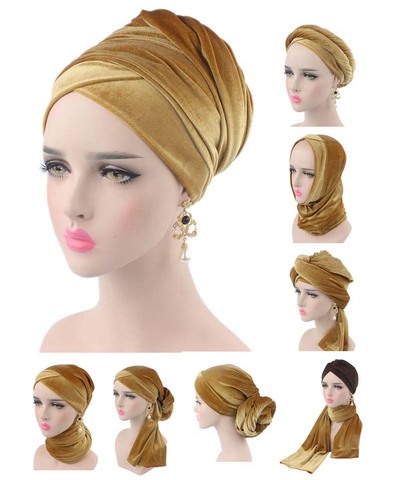 Nuevo lujo aterciopelados plisados magia hijab turbante cabeza Extra tubo largo indio diadema bufanda Tie ► Foto 1/6