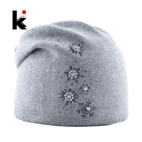 Gorros nuevos para mujer Otoño Invierno suave, de punto de lana sombrero de moda de diamantes de imitación de perlas sombrero gorras Mujer ► Foto 1/6