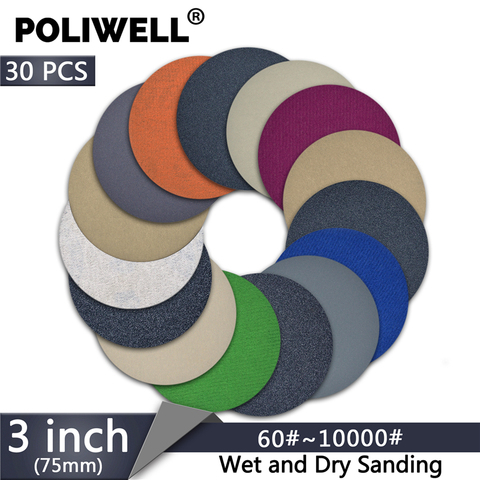 POLIWELL 30 Uds 3 pulgadas grano 60/240/3000/5000/10000 75mm Discos de lijado de carburo de silicio redondo Flocado de papel de lija de abrillantado para coche herramienta ► Foto 1/6