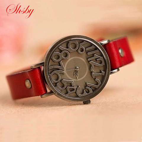 Shsby New vintage Digital hollow genuino vaca cuero Correa relojes mujeres vestido relojes mujer cuarzo reloj estudiante ocio reloj ► Foto 1/6