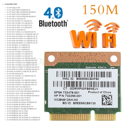 802.11b/g/h, WiFi, Bluetooth 4,0, Mini tarjeta inalámbrica de media PCI-E para HP Atheros QCWB335 AR9565 SPS 690019-001 733476-001 ► Foto 1/6